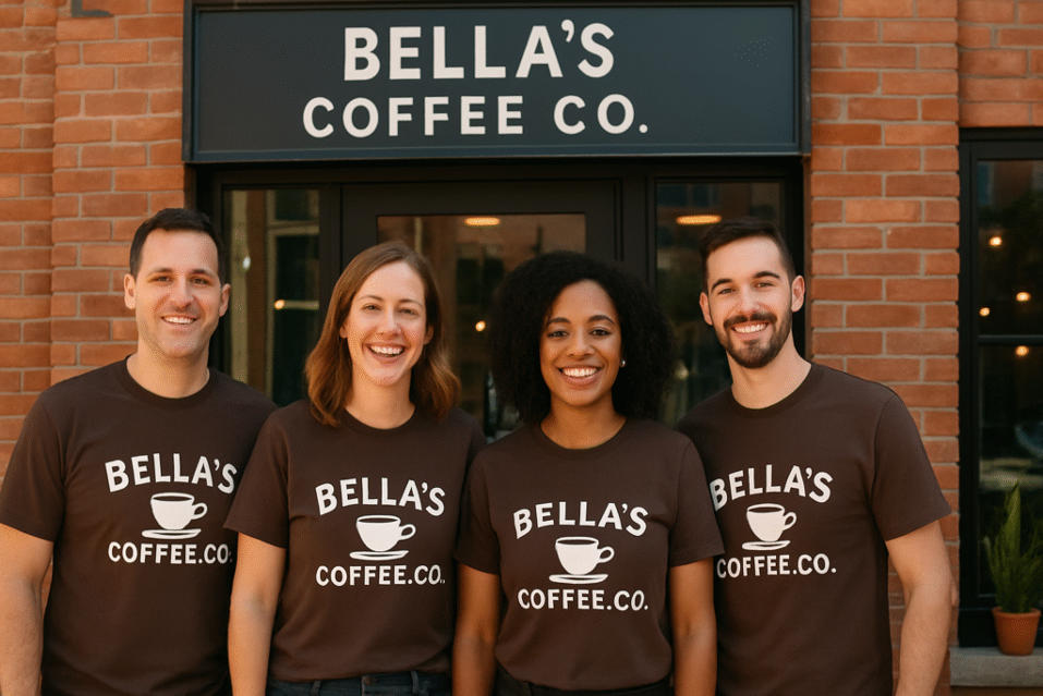 Small business team in custom branded t-shirts